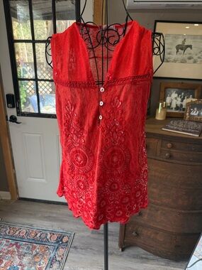 Red Lace Embroidered V-Neck Tank Top